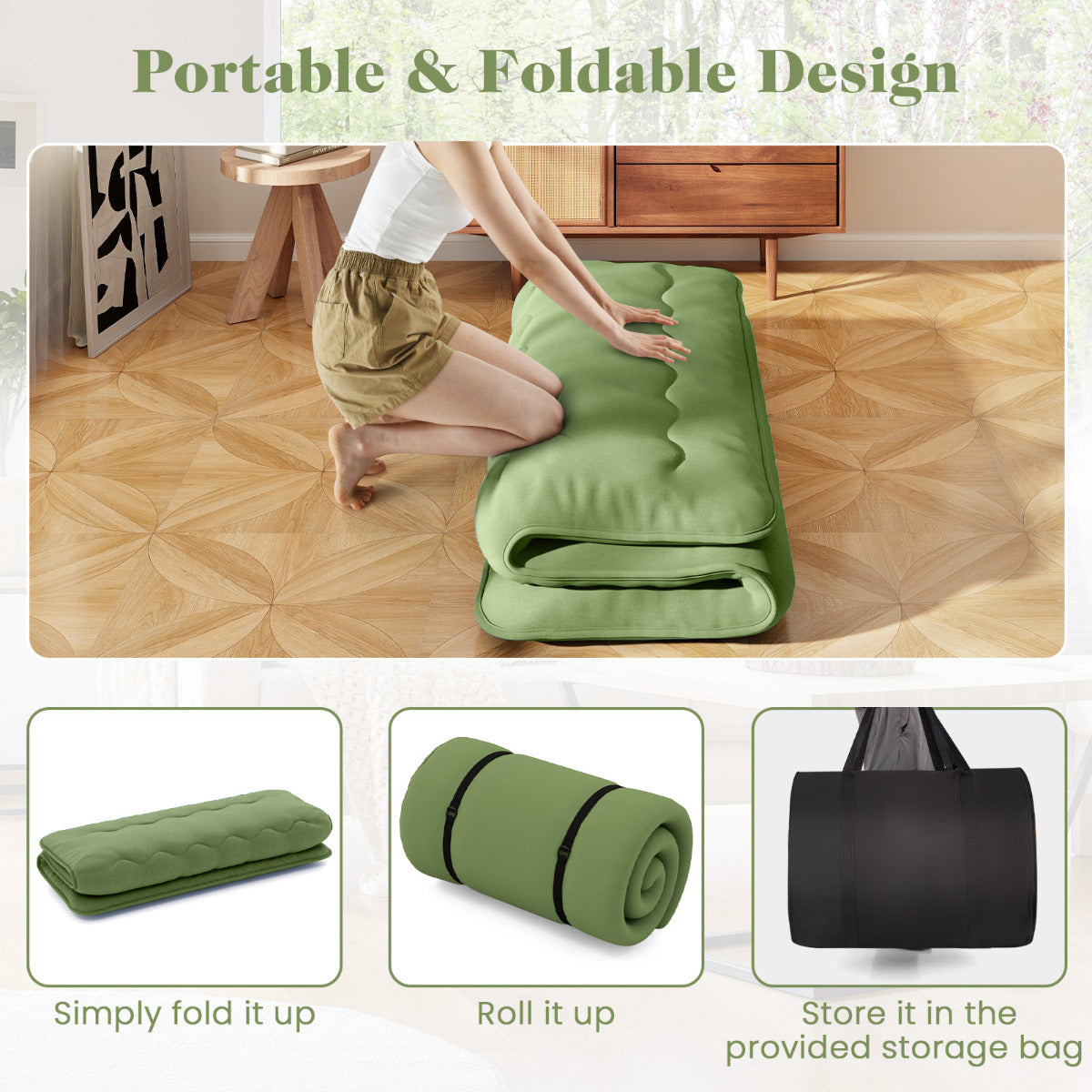 Japanese Roll up Floor Mattress with Washable Cover and Carry Bag-Green-Queen