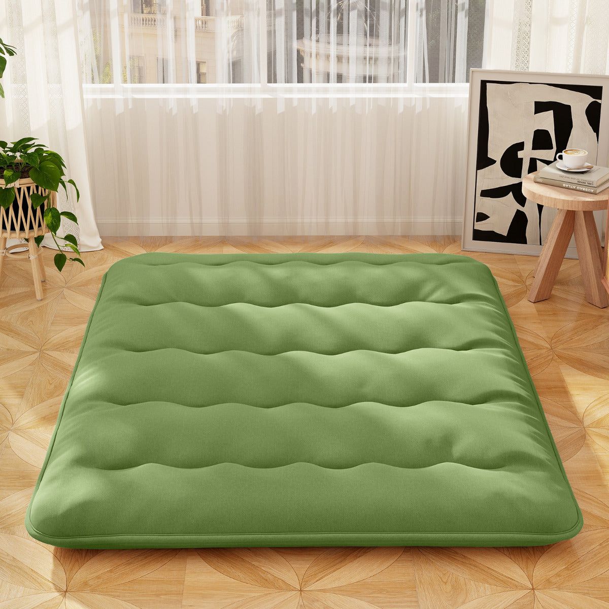 Japanese Roll up Floor Mattress with Washable Cover and Carry Bag-Green-Queen