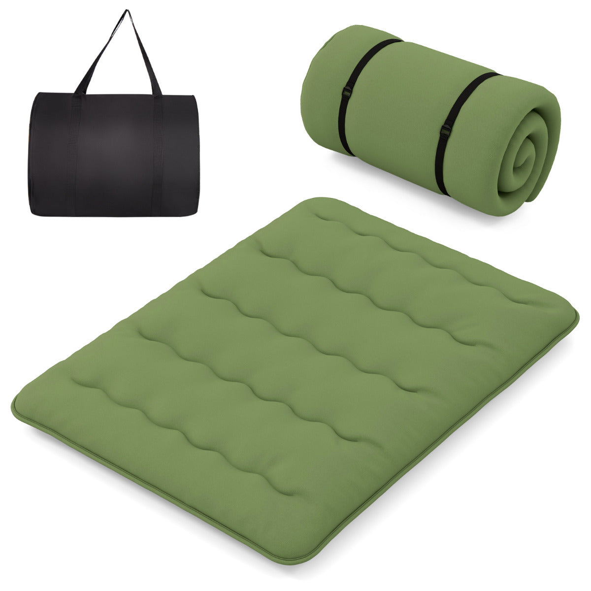 Japanese Roll up Floor Mattress with Washable Cover and Carry Bag-Green-Queen