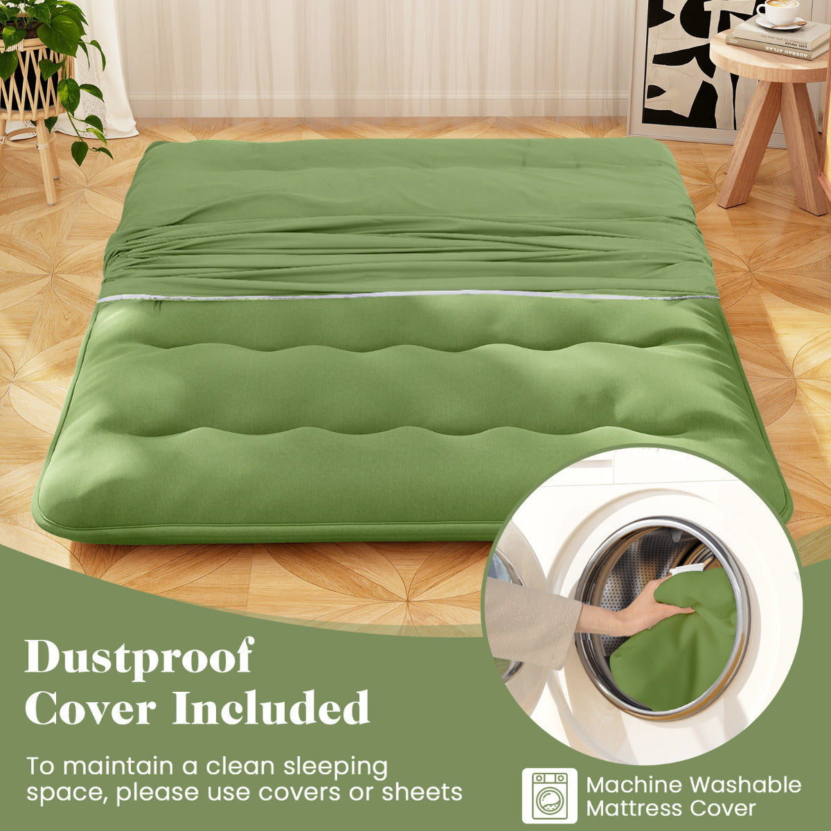 Japanese Roll up Floor Mattress with Washable Cover and Carry Bag-Green-Queen