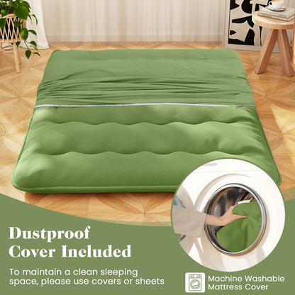 Japanese Roll up Floor Mattress with Washable Cover and Carry Bag-Green-Queen
