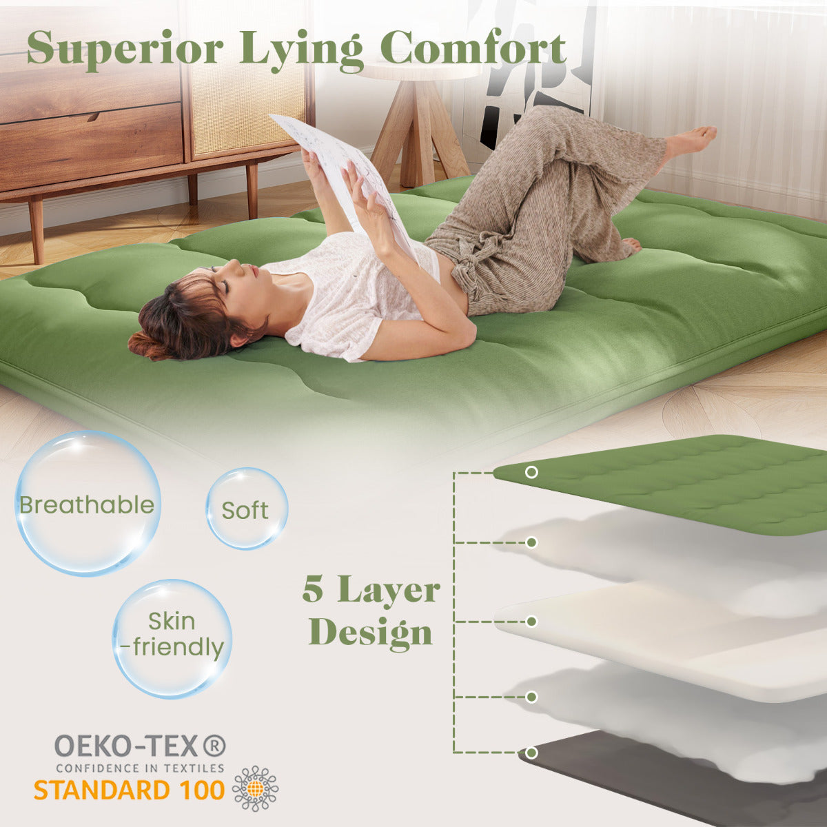 Japanese Roll up Floor Mattress with Washable Cover and Carry Bag-Green-Queen