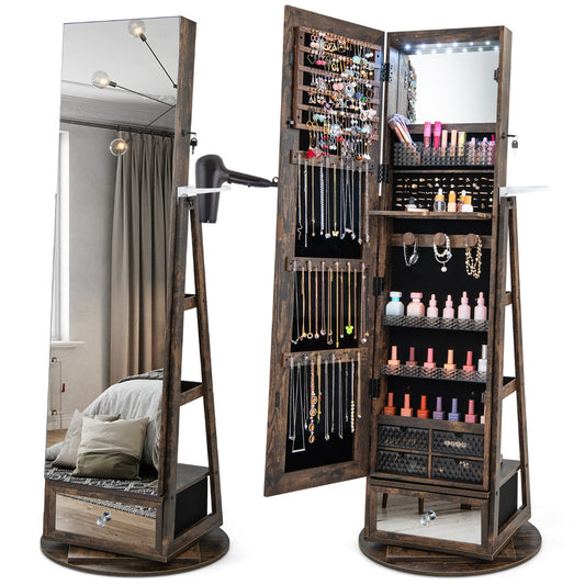 Costway Swivel Jewelry Cabinet with Full-Length Mirror for Bedroom-Coffee