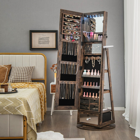 Costway Swivel Jewelry Cabinet with Full-Length Mirror for Bedroom-Coffee
