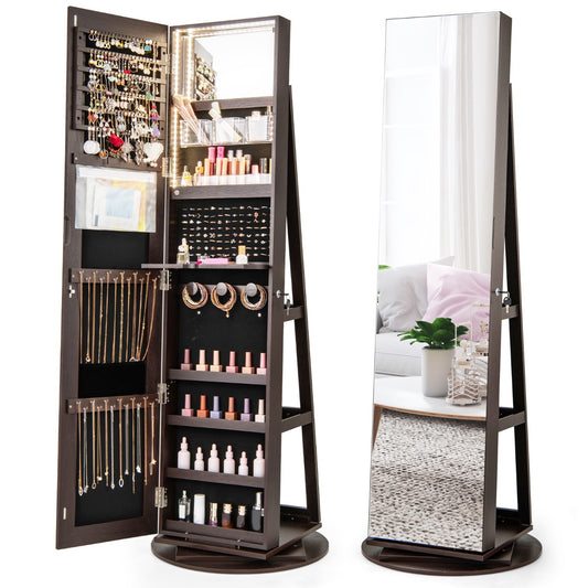 Costway 161CM (H) Jewelry Armoire with 360° Swivel Full Length Mirror &amp; LED lights-Coffee