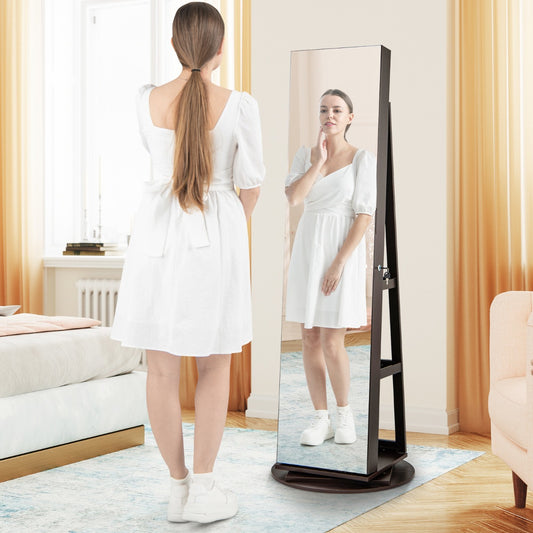 Costway 161CM (H) Jewelry Armoire with 360° Swivel Full Length Mirror &amp; LED lights-Coffee