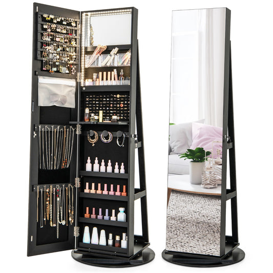 Costway 161CM (H) Jewelry Armoire with 360° Swivel Full Length Mirror &amp; LED lights-Black