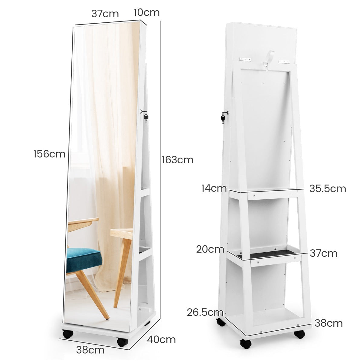 Costway 163 CM Standing Jewelry Organizer with Built-in Makeup Mirror-White