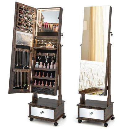 159 CM Lockable Jewelry Organizer with 3-Color LED Lights-Brown
