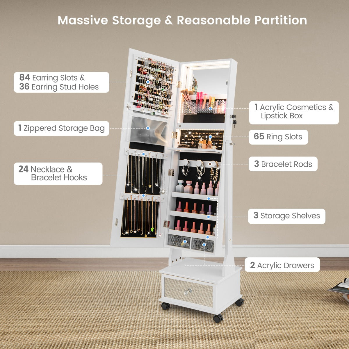 159 CM Lockable Jewelry Organizer with 3-Color LED Lights-White
