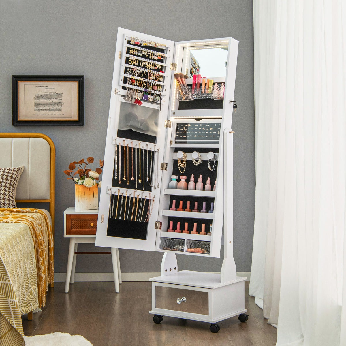 159 CM Lockable Jewelry Organizer with 3-Color LED Lights-White