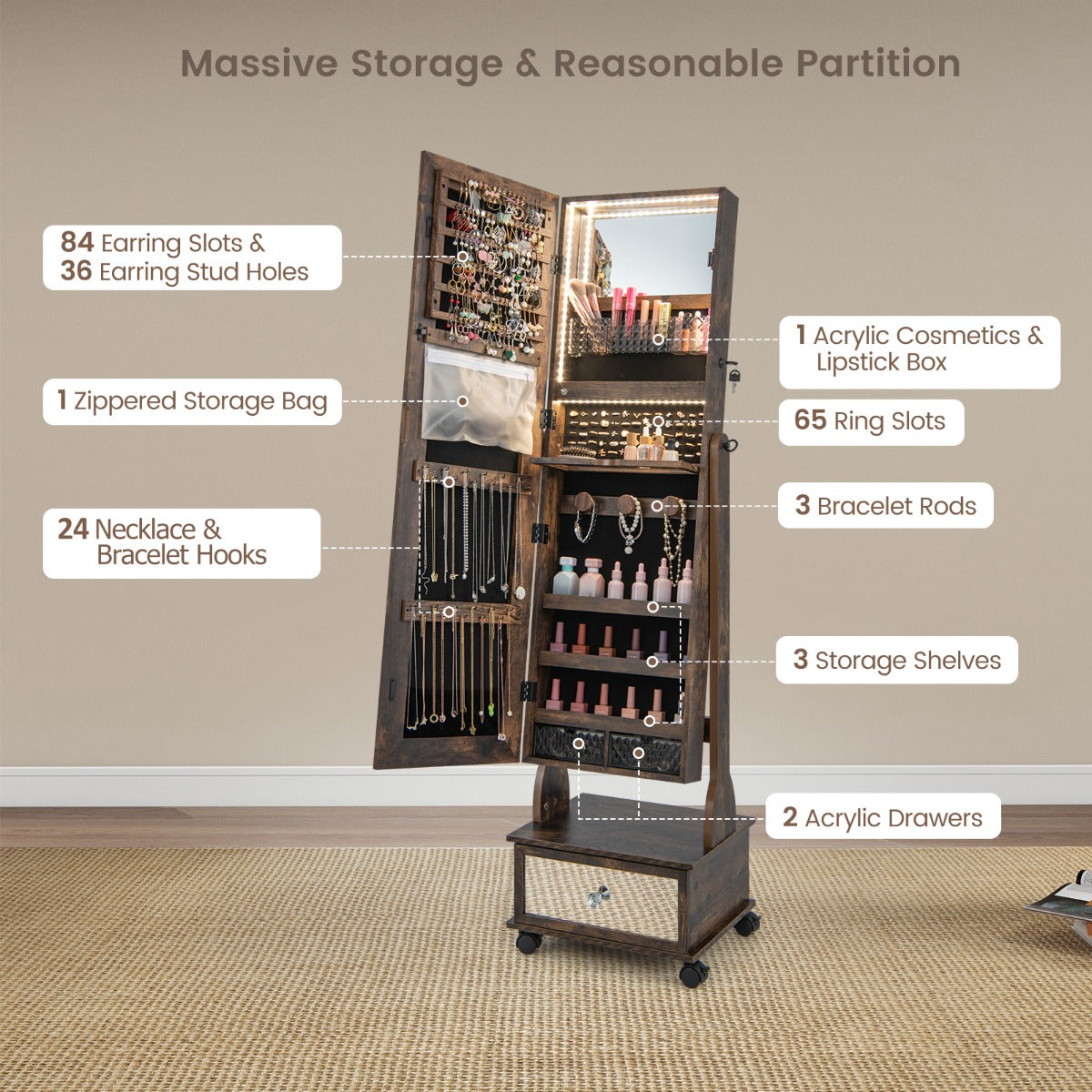 159 CM Lockable Jewelry Organizer with 3-Color LED Lights-Brown