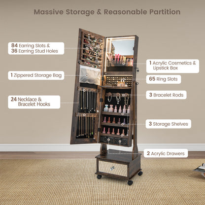 159 CM Lockable Jewelry Organizer with 3-Color LED Lights-Brown