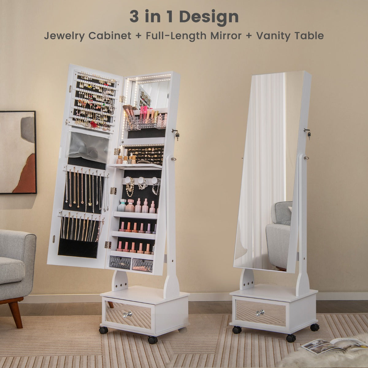 159 CM Lockable Jewelry Organizer with 3-Color LED Lights-White
