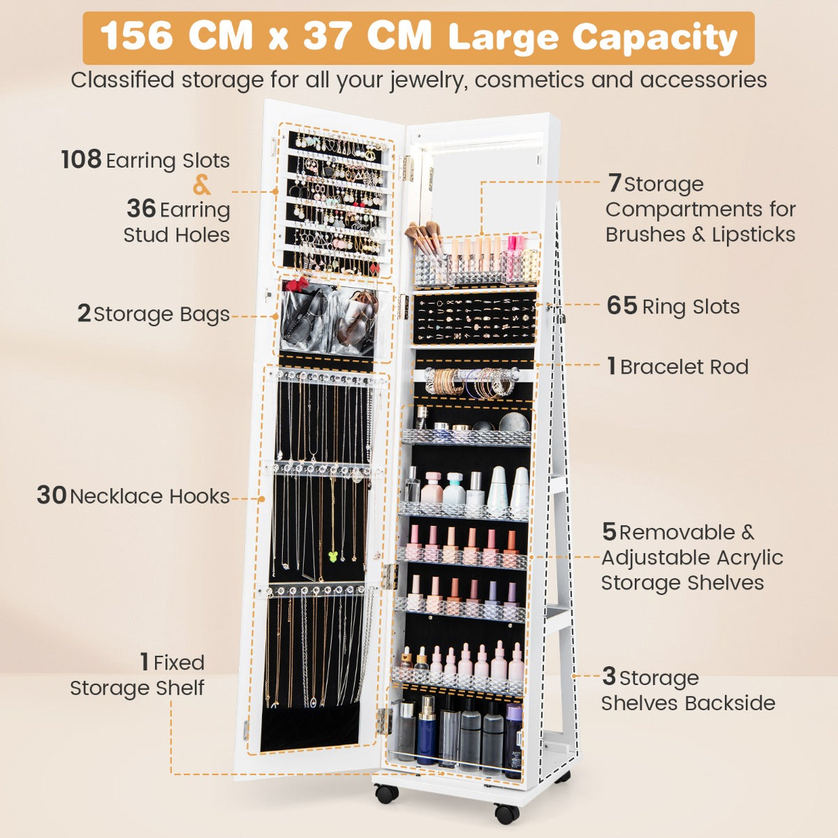Costway 163 CM Standing Jewelry Organizer with Built-in Makeup Mirror-White