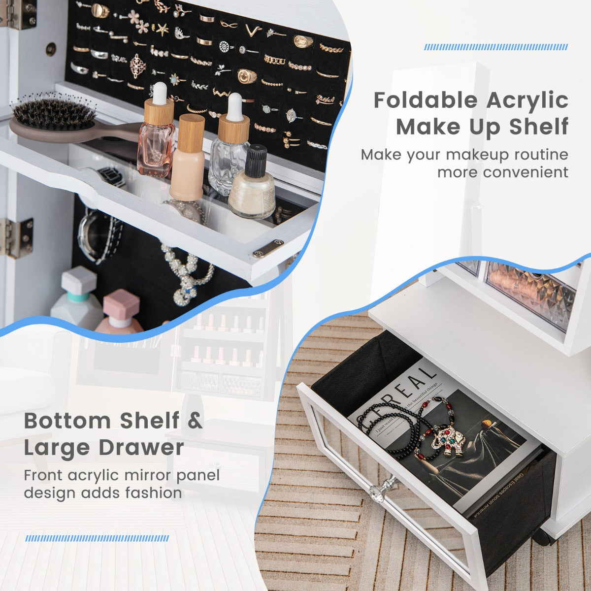 159 CM Lockable Jewelry Organizer with 3-Color LED Lights-White