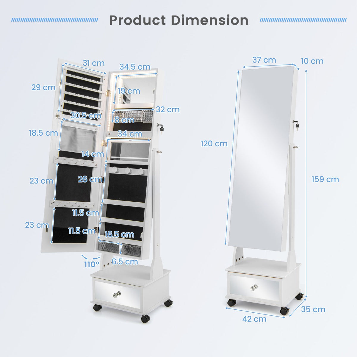 159 CM Lockable Jewelry Organizer with 3-Color LED Lights-White