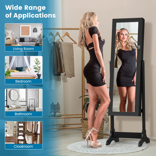Costway Jewelry Cabinet Freestanding Lockable with Full-Length Mirror and 2 Drawers-Black