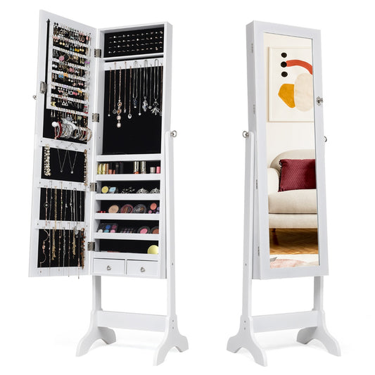 Costway Jewelry Cabinet Freestanding Lockable with Full-Length Mirror and 2 Drawers-White