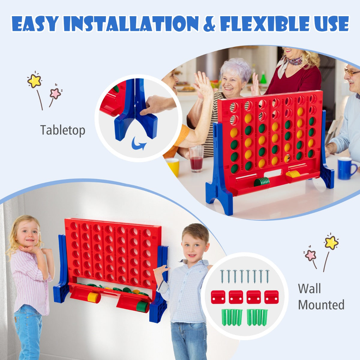 Jumbo 4-to-Score Connect Game Set with Carrying Bag and 42 Chesses-Red