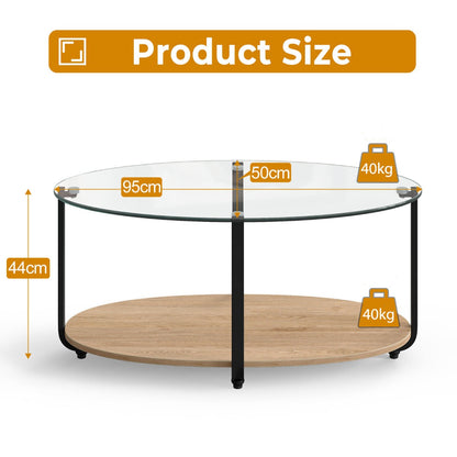 2-Tier Modern Oval Coffee Table with Tempered Glass Tabletop for Home Office