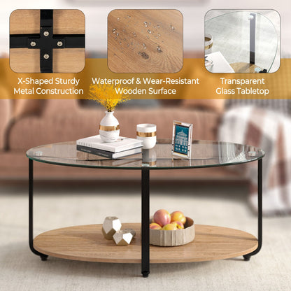 2-Tier Modern Oval Coffee Table with Tempered Glass Tabletop for Home Office