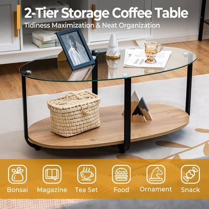 2-Tier Modern Oval Coffee Table with Tempered Glass Tabletop for Home Office