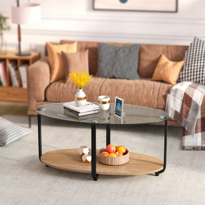 2-Tier Modern Oval Coffee Table with Tempered Glass Tabletop for Home Office