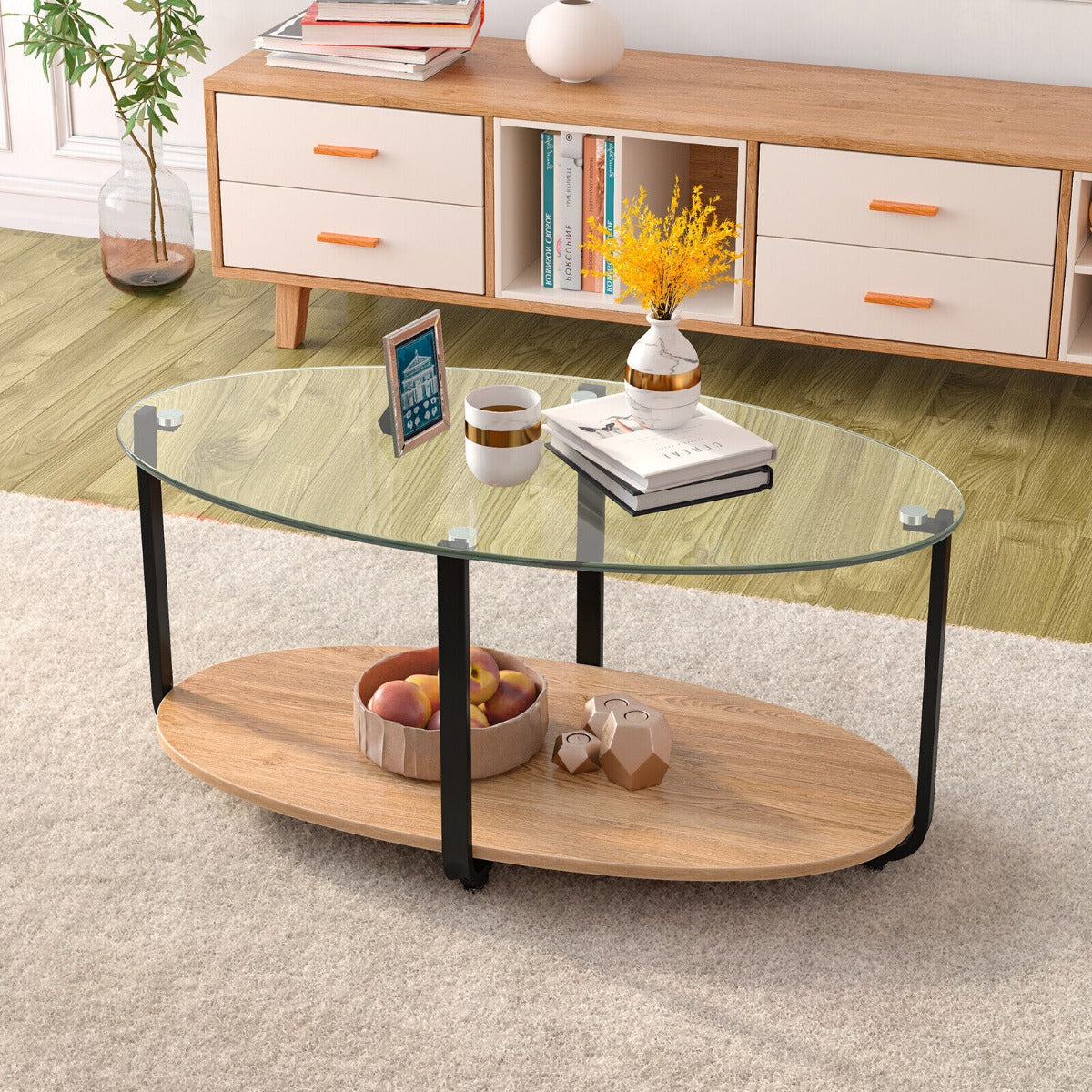2-Tier Modern Oval Coffee Table with Tempered Glass Tabletop for Home Office