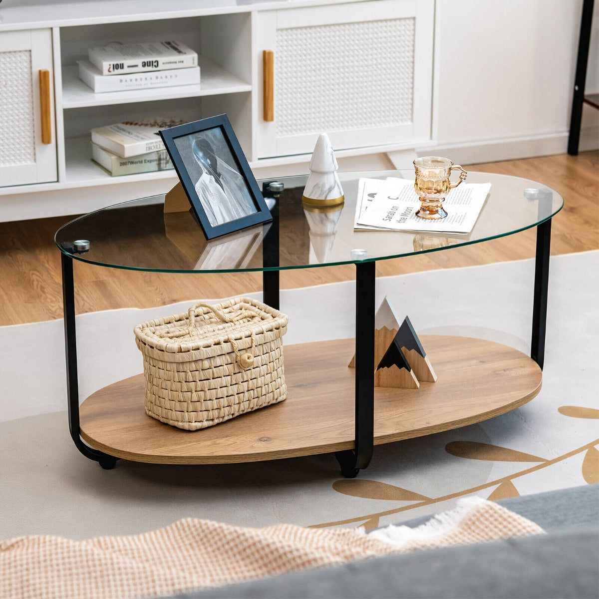 2-Tier Modern Oval Coffee Table with Tempered Glass Tabletop for Home Office