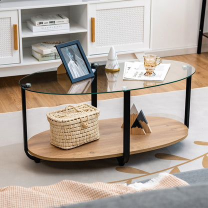 2-Tier Modern Oval Coffee Table with Tempered Glass Tabletop for Home Office