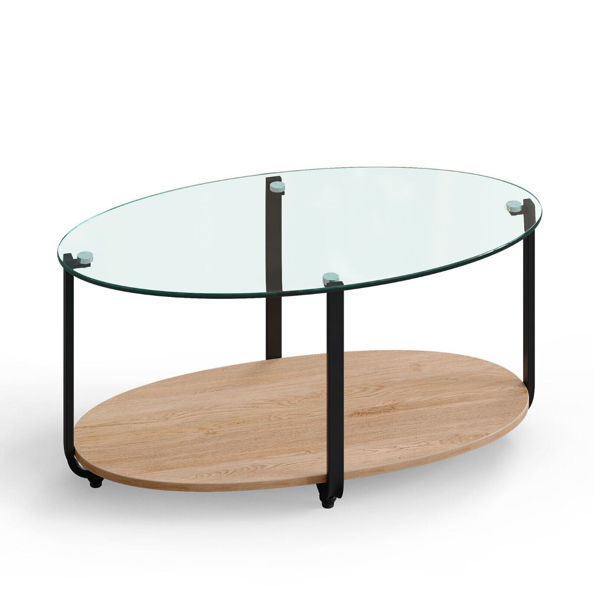 2-Tier Modern Oval Coffee Table with Tempered Glass Tabletop for Home Office