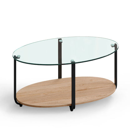 2-Tier Modern Oval Coffee Table with Tempered Glass Tabletop for Home Office