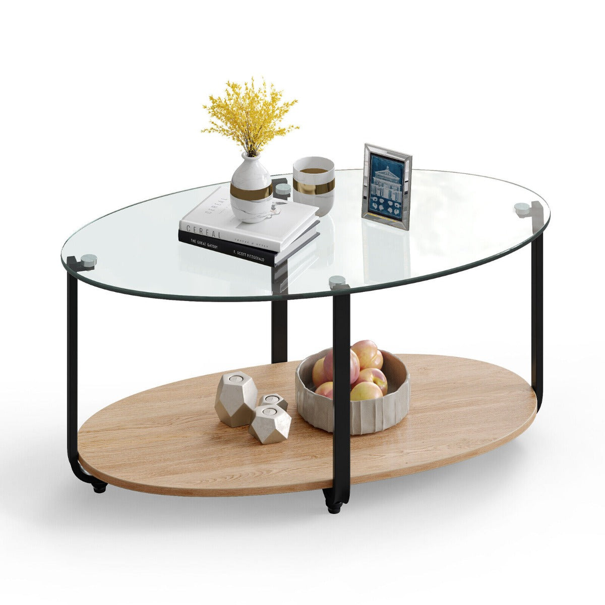 2-Tier Modern Oval Coffee Table with Tempered Glass Tabletop for Home Office