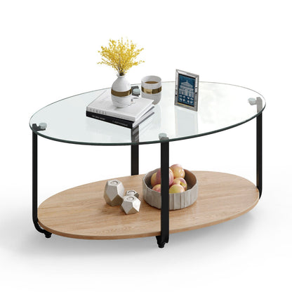 2-Tier Modern Oval Coffee Table with Tempered Glass Tabletop for Home Office