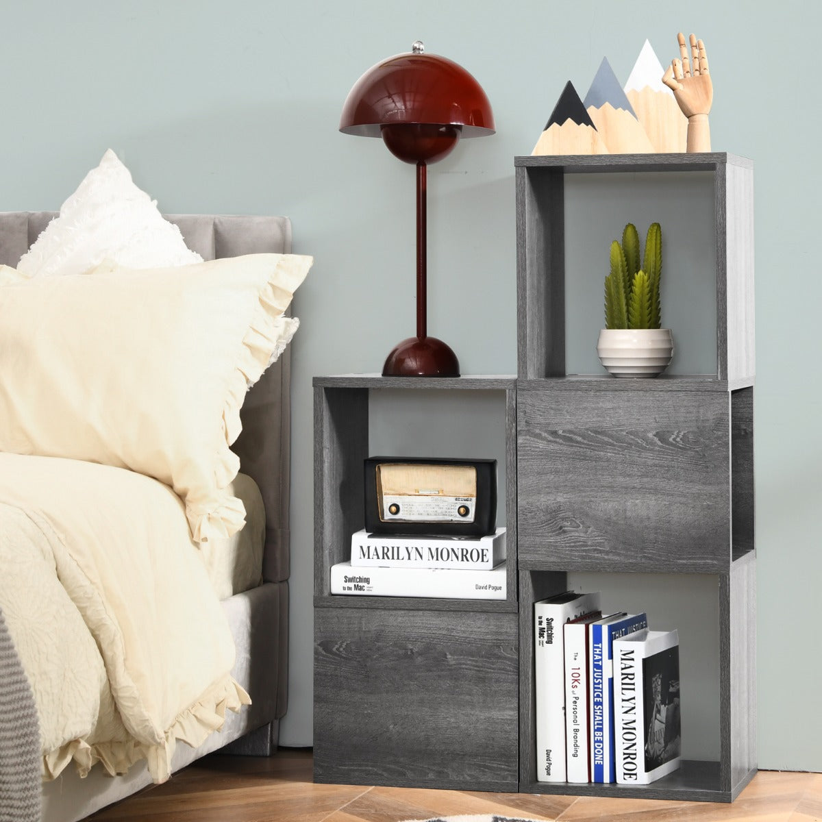 Engineered wood construction provides sturdy long-term support for each storage shelf