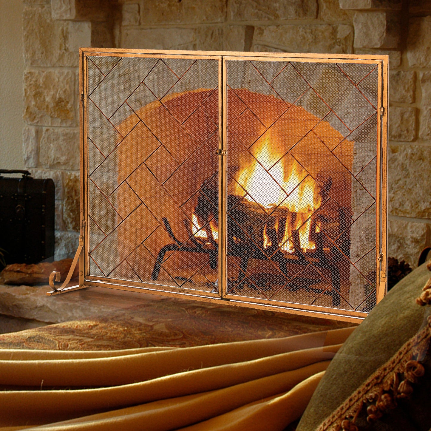 2-Panel Fireplace Screen with Double Door-Golden