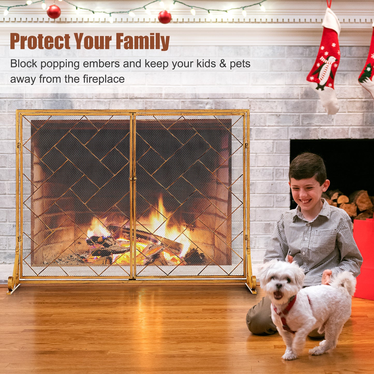 2-Panel Fireplace Screen with Double Door-Golden