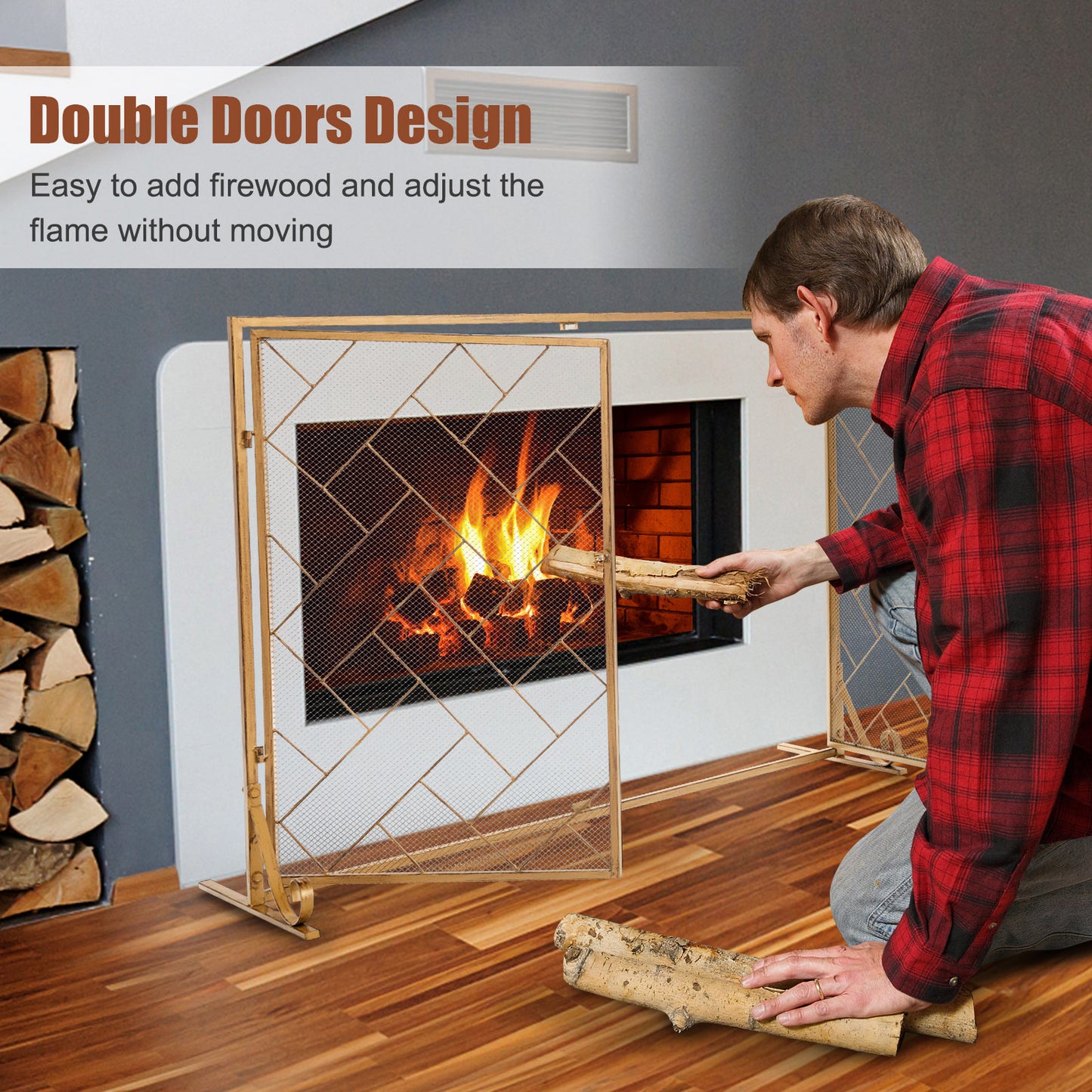 2-Panel Fireplace Screen with Double Door-Golden