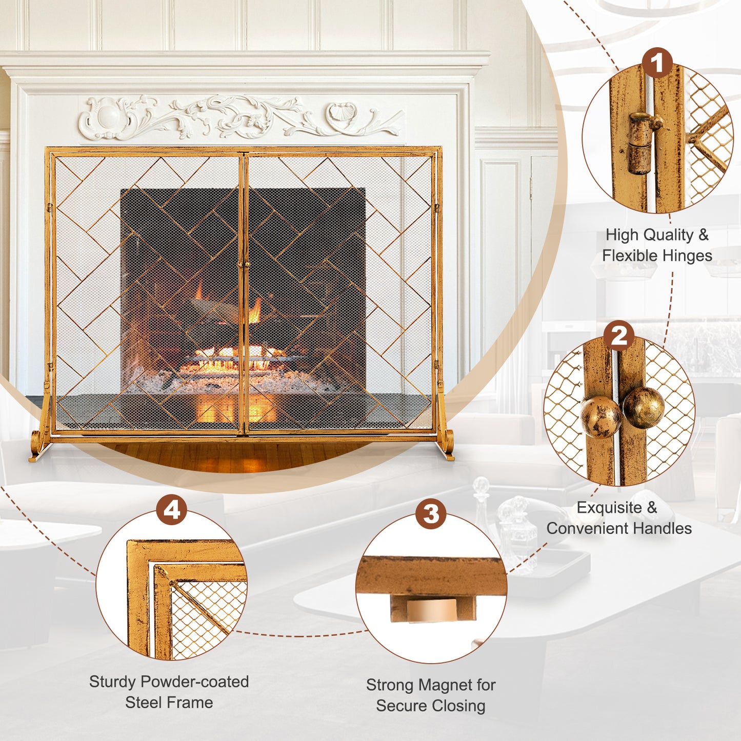 2-Panel Fireplace Screen with Double Door-Golden