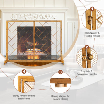 2-Panel Fireplace Screen with Double Door-Golden