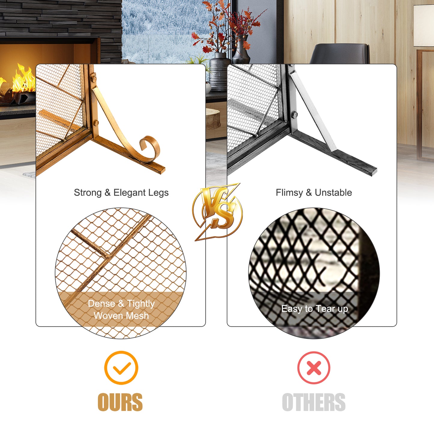 2-Panel Fireplace Screen with Double Door-Golden
