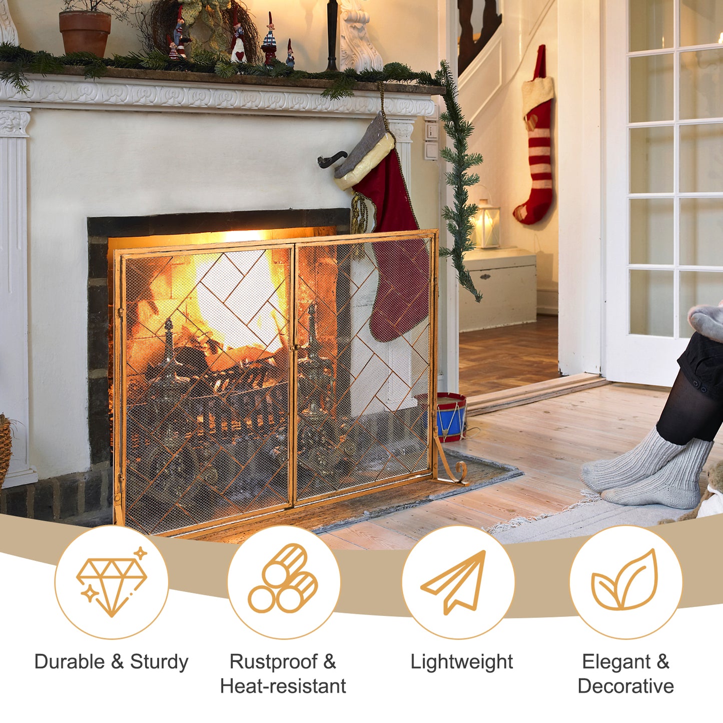 2-Panel Fireplace Screen with Double Door-Golden