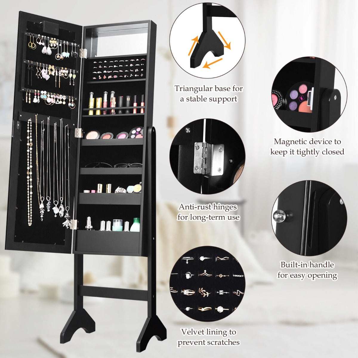 Standing Jewelry Armoire with 18 LED Lights and Mirror-Black
