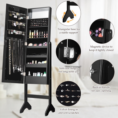 Standing Jewelry Armoire with 18 LED Lights and Mirror-Black
