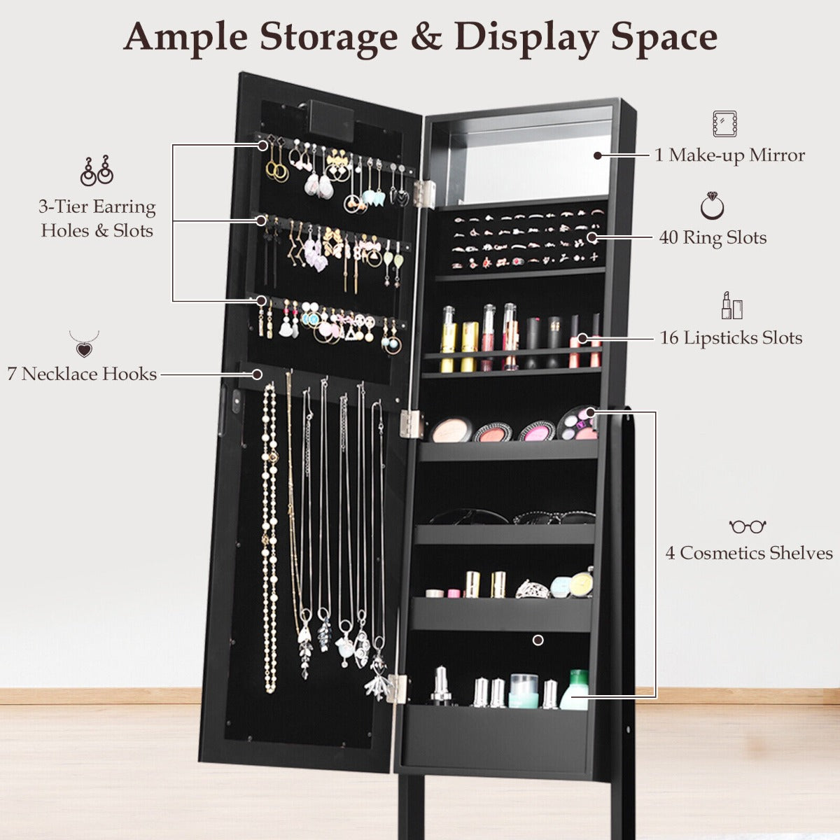 Standing Jewelry Armoire with 18 LED Lights and Mirror-Black