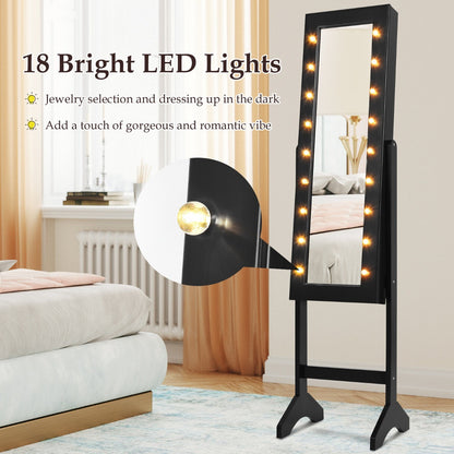 Standing Jewelry Armoire with 18 LED Lights and Mirror-Black