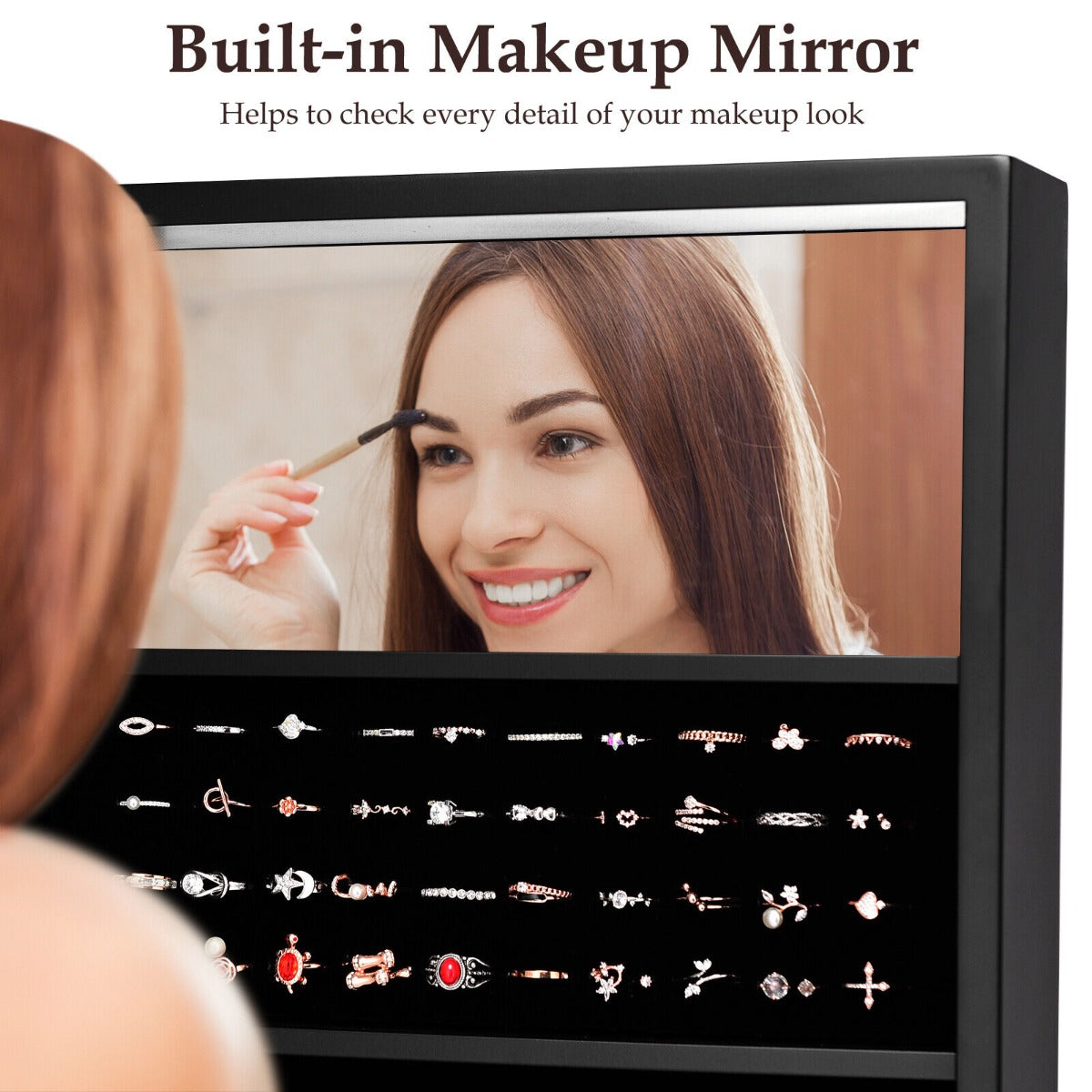 Standing Jewelry Armoire with 18 LED Lights and Mirror-Black