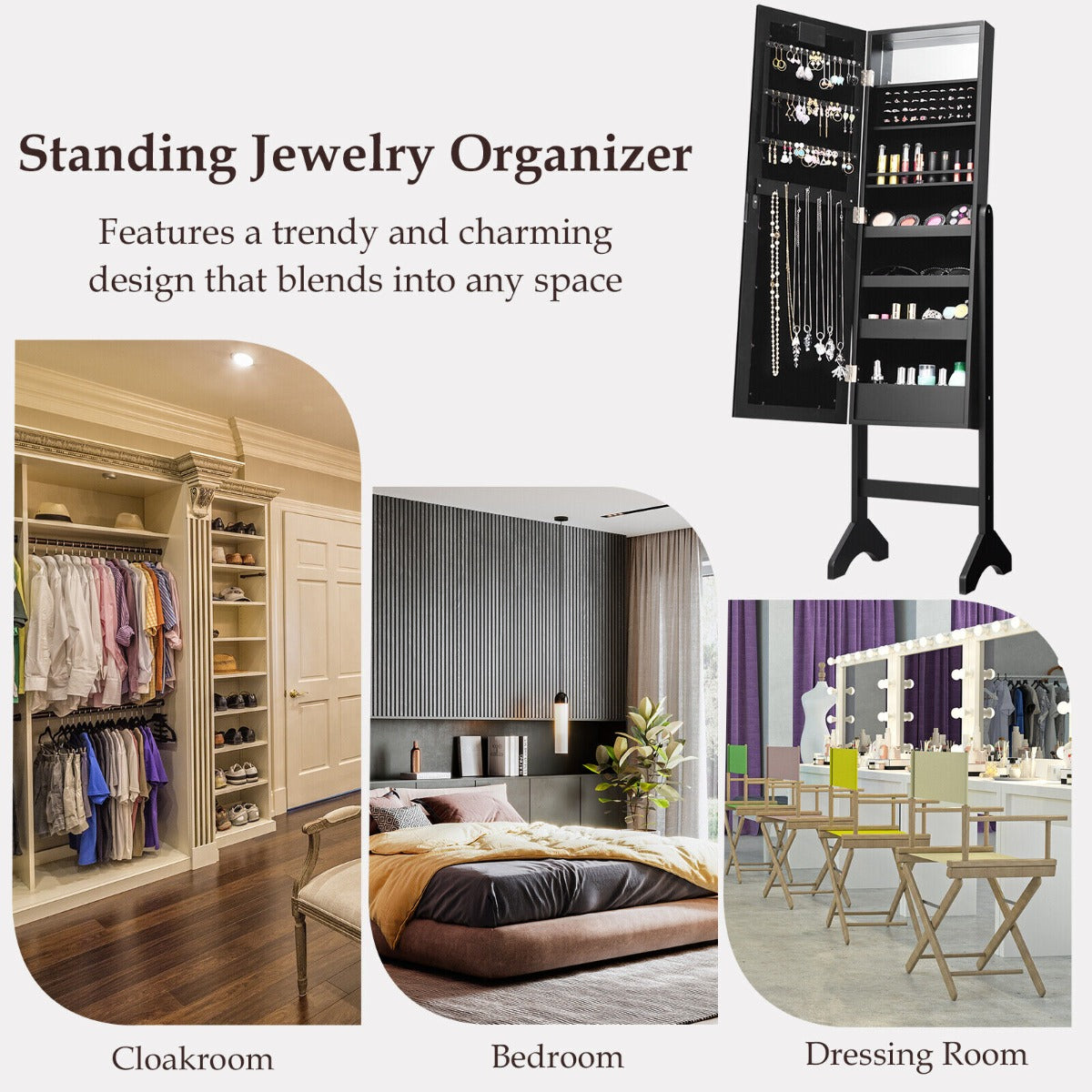 Standing Jewelry Armoire with 18 LED Lights and Mirror-Black