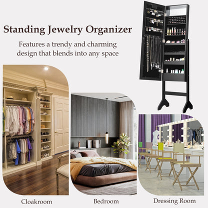 Standing Jewelry Armoire with 18 LED Lights and Mirror-Black